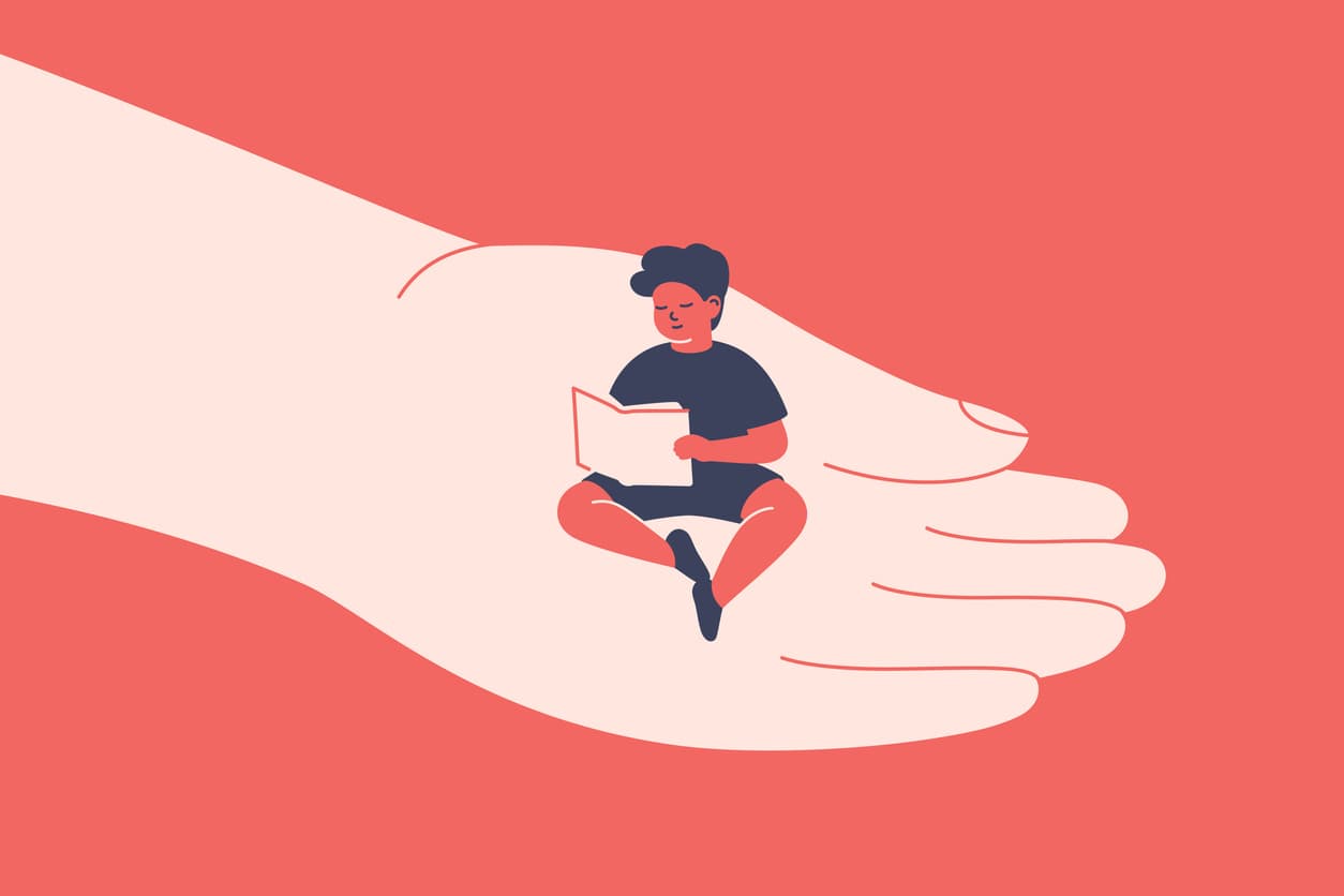 An illustration of a hand holding a child, reading a book